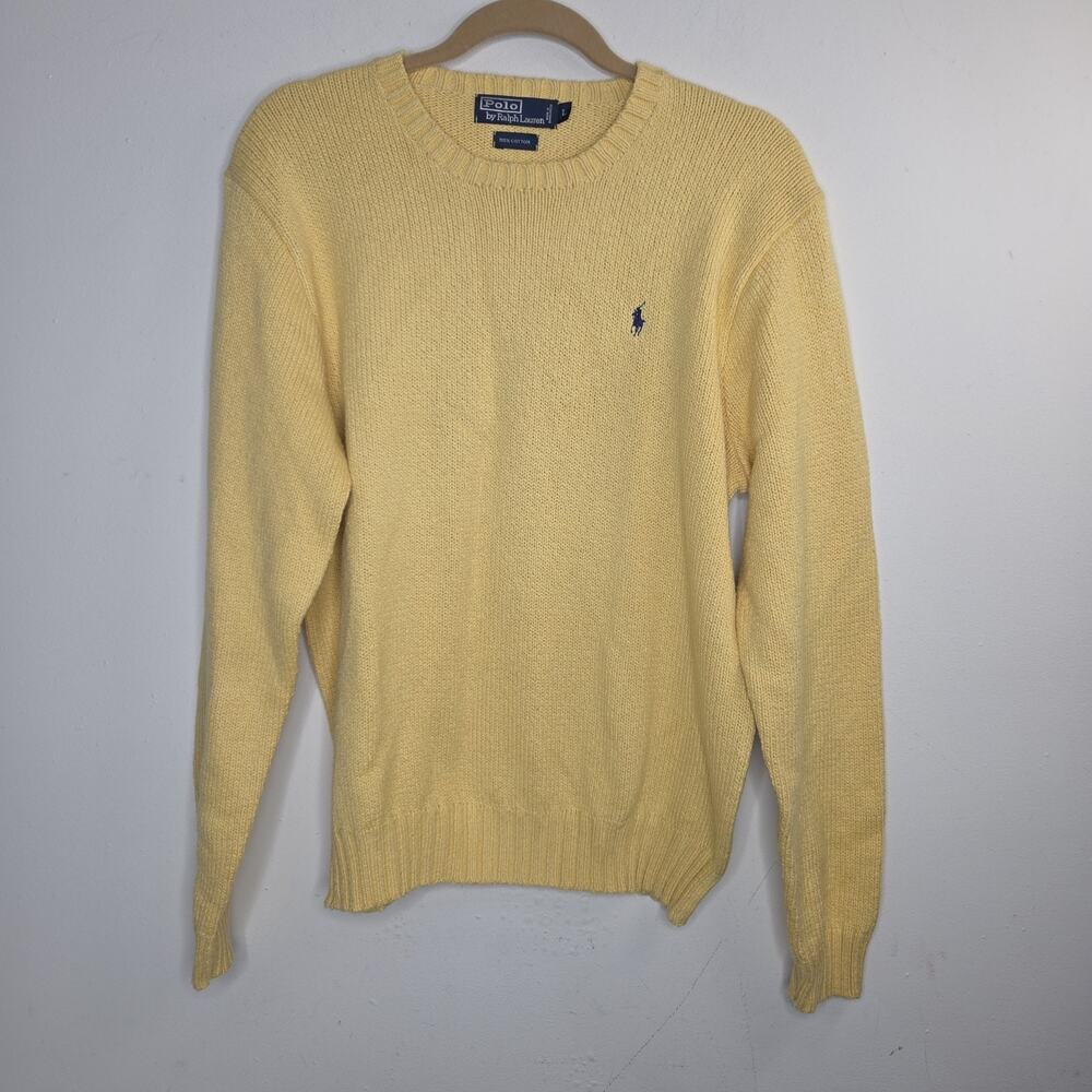 Vintage Polo Ralph Lauren Sweater Mens Large Blue Pony Yellow Cotton Crewneck